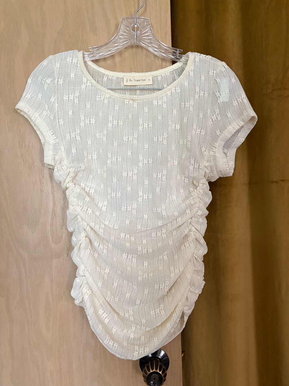 Ruched Short-Sleeve Lace Top in Ivory
